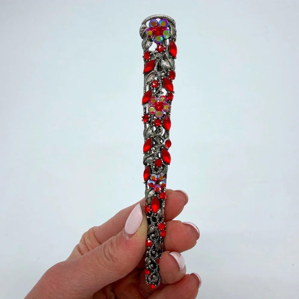 Vintage Red Crystal Rhinestone Hair Barrette Silver Floral AB Glam Clip